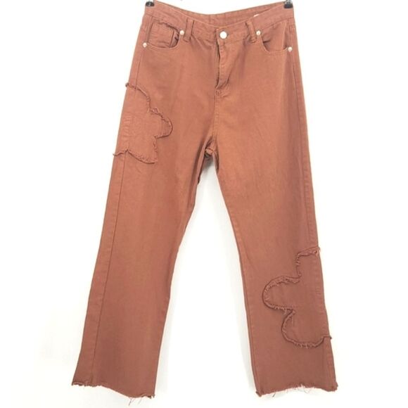 Kollyy Flare Leg Jeans Women Size Large Brown Flower Patch Embroidered Festival - Picture 1 of 8